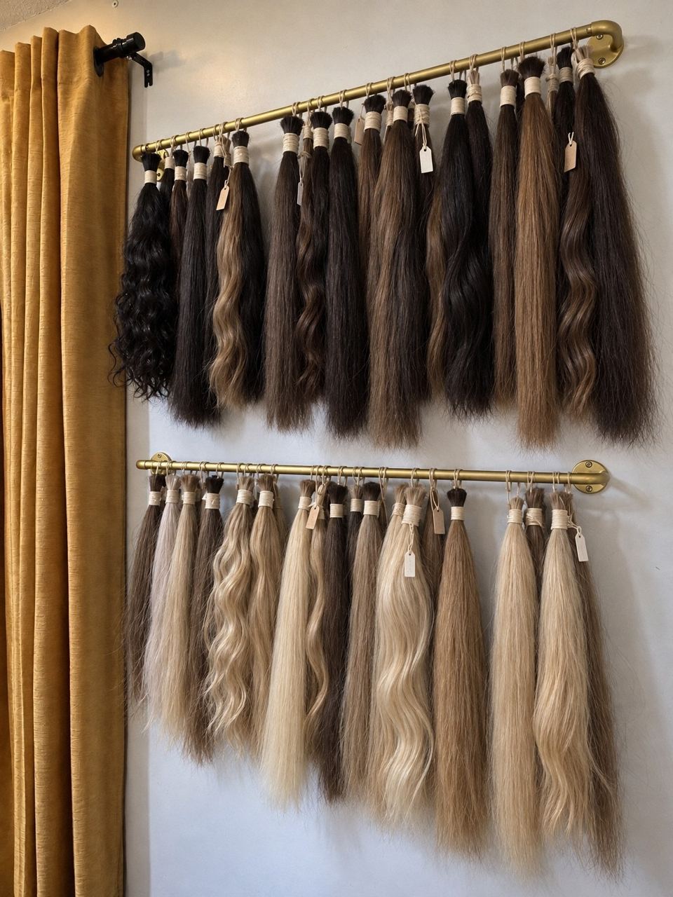 Our studio hair wall, with bundles selected for colour and texture