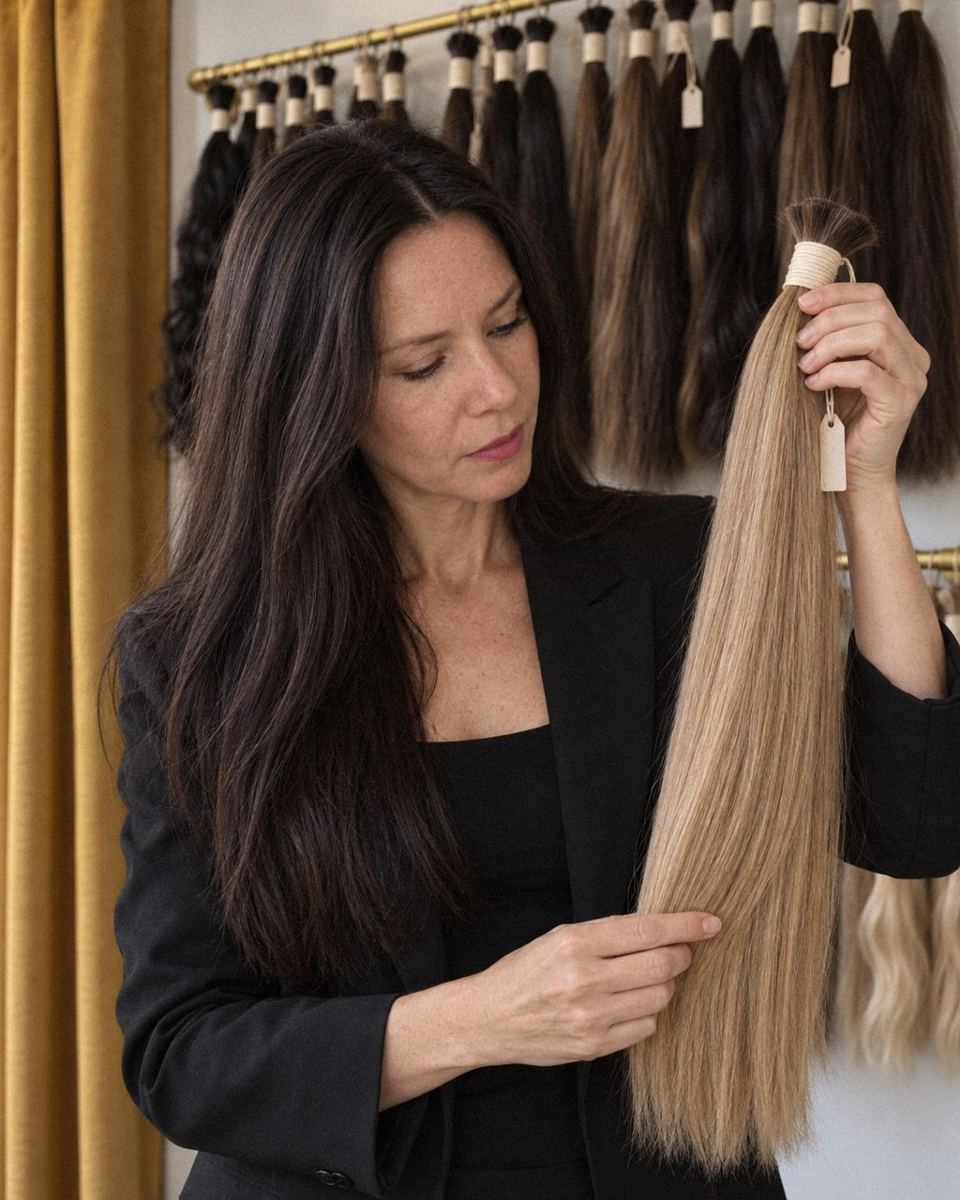 Tanya in front of the Bondoura hair wall, holding a bundle
