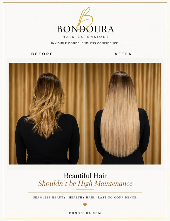 Bondoura before-and-after hair extensions, transformation 01; before on the left and after on the right