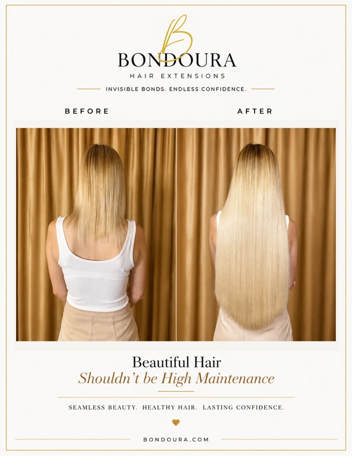 Bondoura before-and-after hair extensions, transformation 02; before on the left and after on the right