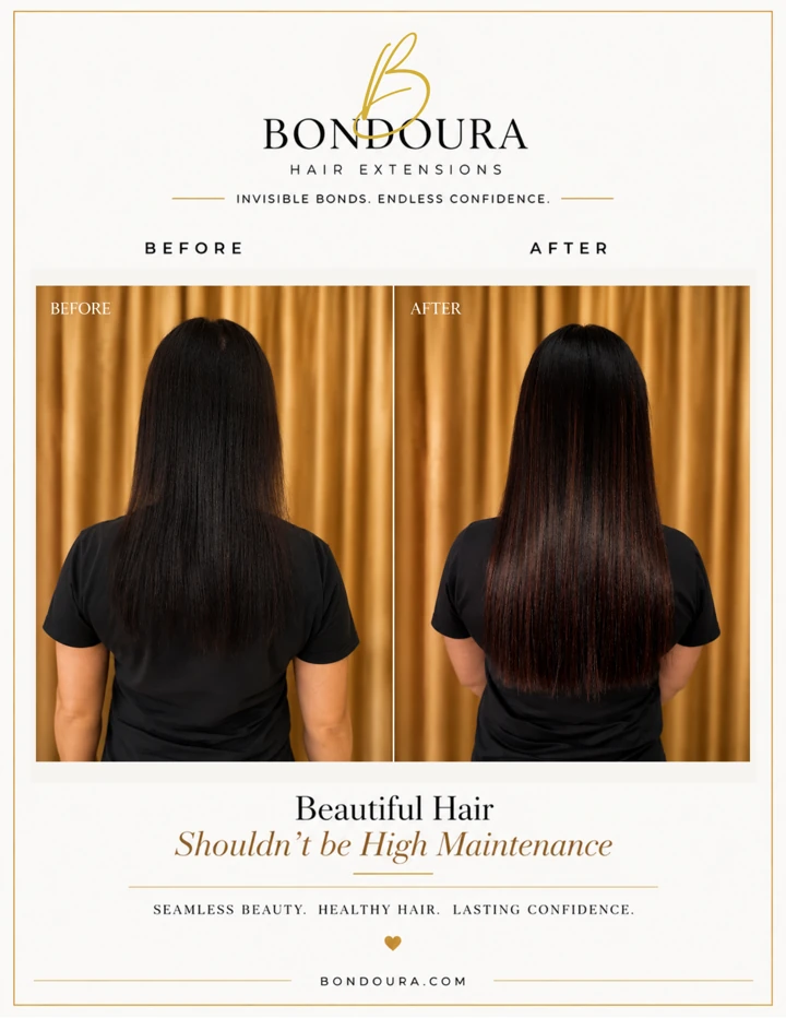 Bondoura before-and-after hair extensions, transformation 03; before on the left and after on the right