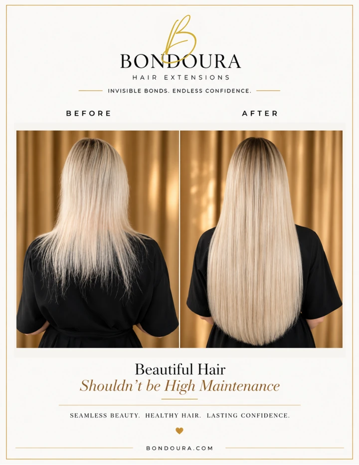 Bondoura before-and-after hair extensions, transformation 04; before on the left and after on the right