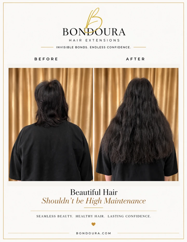 Bondoura before-and-after hair extensions, transformation 05; before on the left and after on the right