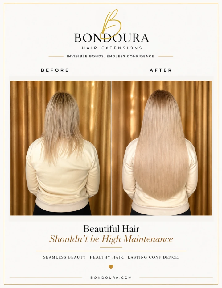 Bondoura before-and-after hair extensions, transformation 06; before on the left and after on the right