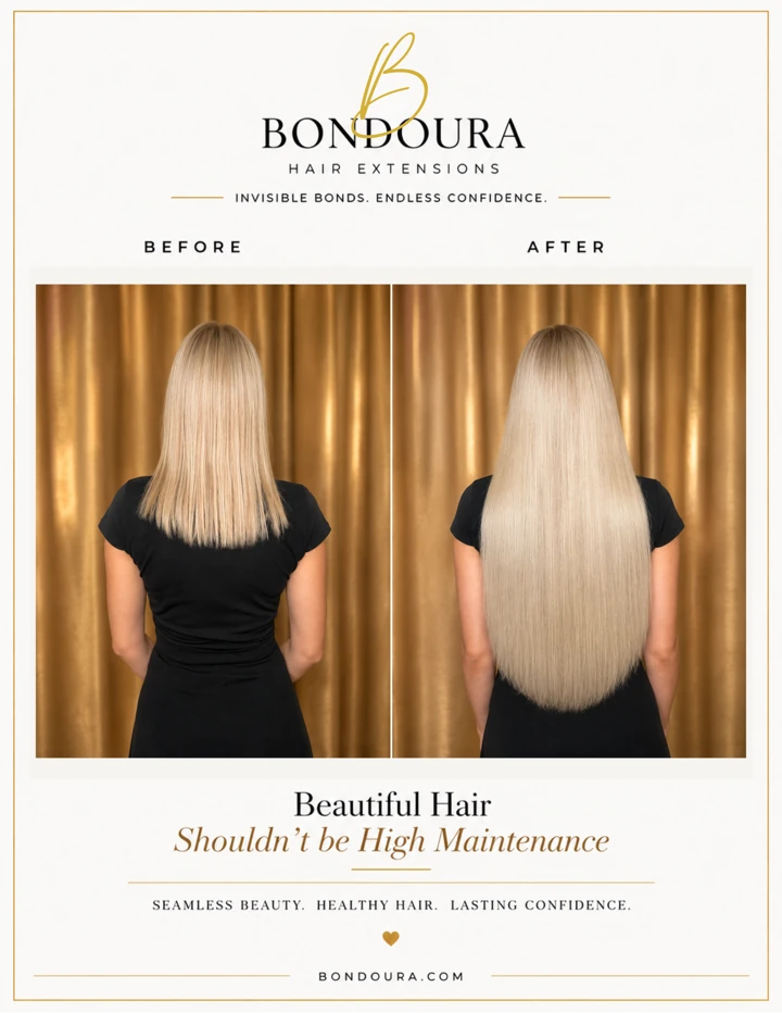 Bondoura before-and-after hair extensions, transformation 07; before on the left and after on the right