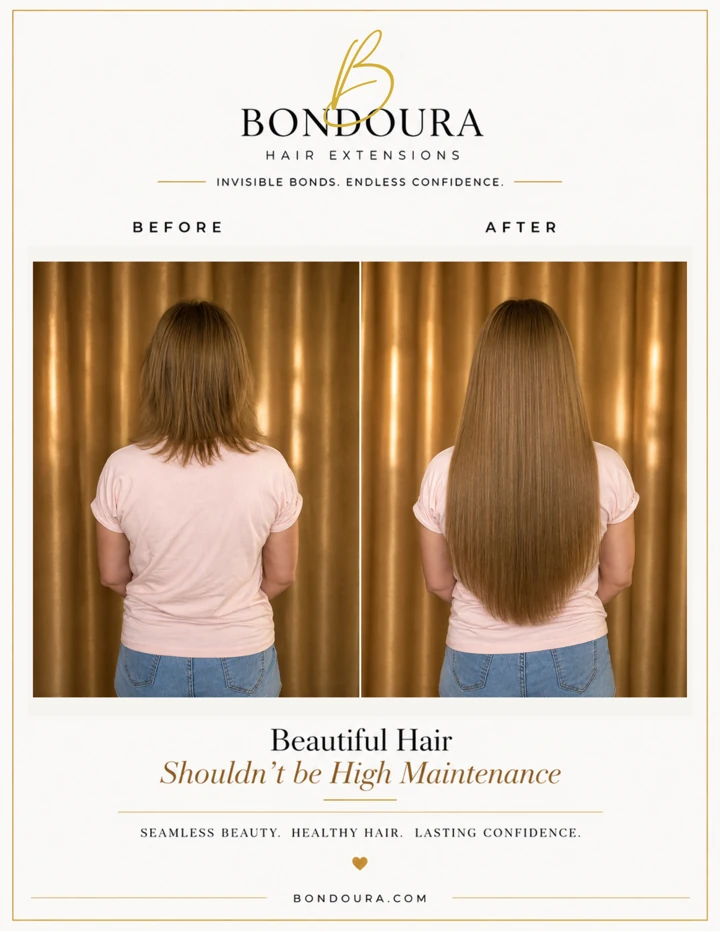 Bondoura before-and-after hair extensions, transformation 08; before on the left and after on the right