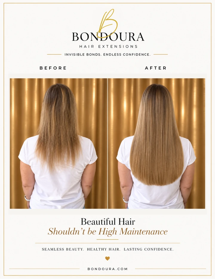 Bondoura before-and-after hair extensions, transformation 09; before on the left and after on the right