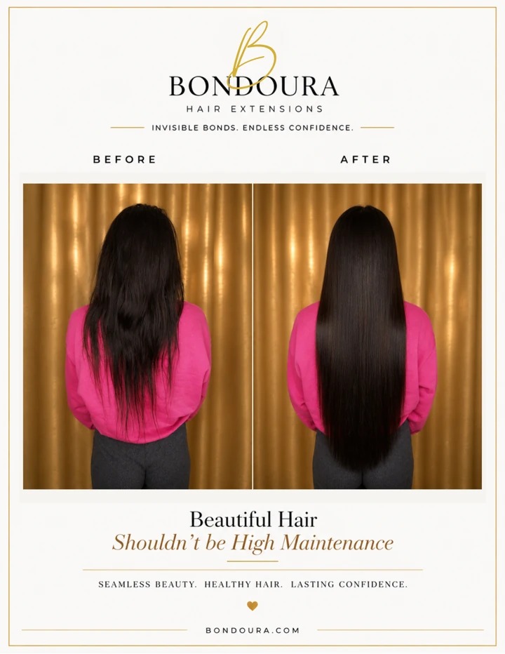 Bondoura before-and-after hair extensions, transformation 10; before on the left and after on the right