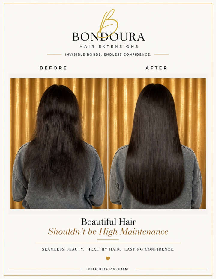 Bondoura before-and-after hair extensions, transformation 12; before on the left and after on the right