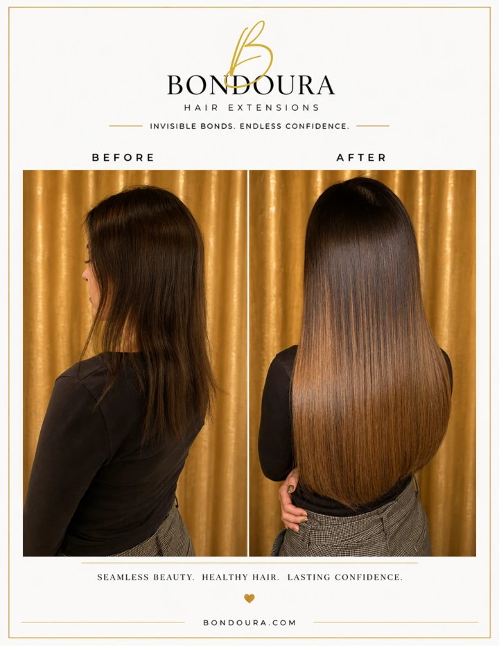 Bondoura before-and-after hair extensions, transformation 14; before on the left and after on the right