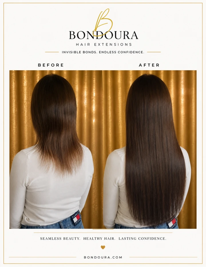 Bondoura before-and-after hair extensions, transformation 15; before on the left and after on the right