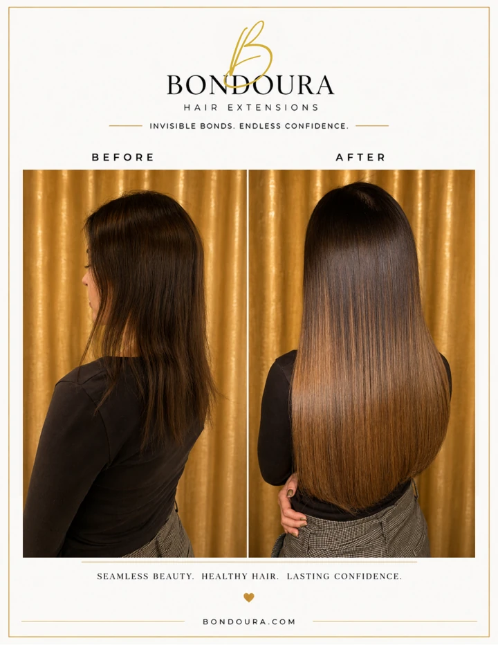Bondoura before-and-after hair extensions, transformation 17; before on the left and after on the right