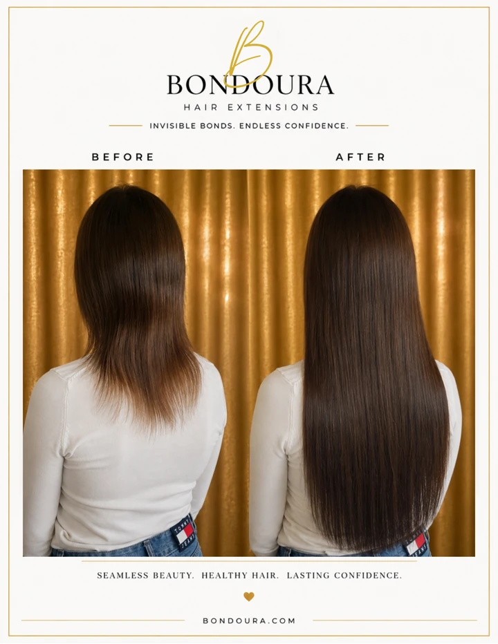 Bondoura before-and-after hair extensions, transformation 18; before on the left and after on the right