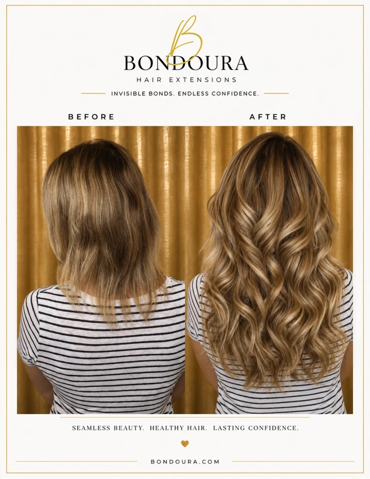 Bondoura before-and-after hair extensions, transformation 21; before on the left and after on the right