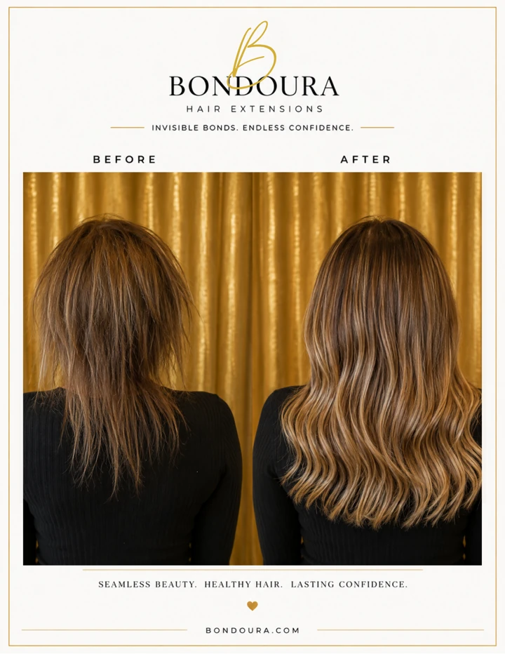 Bondoura before-and-after hair extensions, transformation 22; before on the left and after on the right