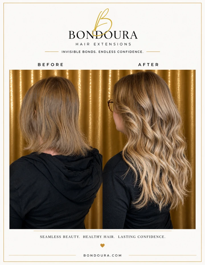 Bondoura before-and-after hair extensions, transformation 23; before on the left and after on the right