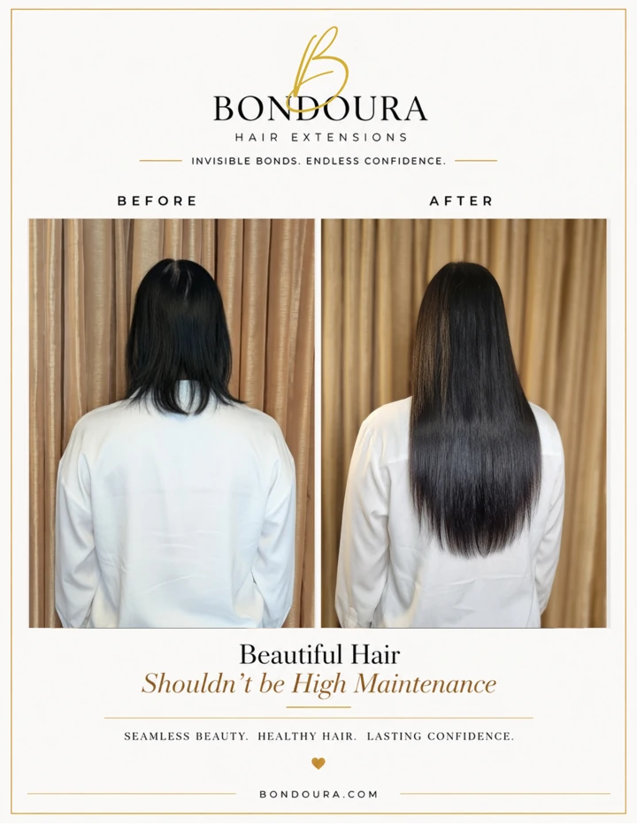 Bondoura before-and-after hair extensions, transformation 26; before on the left and after on the right